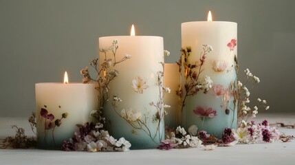 Tranquil candle displays adorned with floral elements