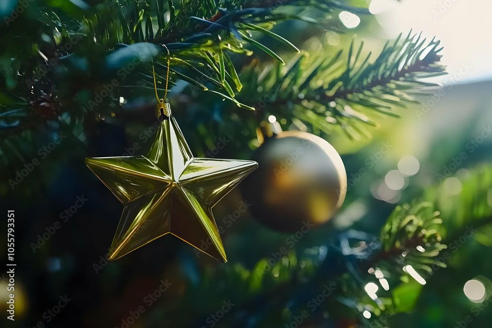 Wall mural a close-up of a christmas tree ornament featuring a gold star and a round bauble.