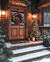 Rustic front porch in winter with a festive wreath on the door