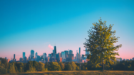 Fototapeta premium Clear blue sky with city skyline in the background, highlighting air quality awareness and environmental health, representing urban living and ecological balance in modern cities.