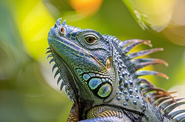 Fototapeta premium Blue Iguana Portrait With Spiky Crest in a Green Tropical Forest