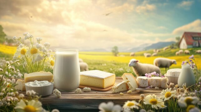An assortment of dairy items such as milk cheese and yogurt artistically displayed on a wooden table set against a vibrant meadow with sheep in the distance