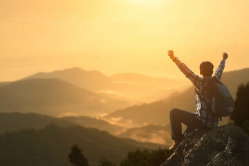 A hiker with a backpack raises his hand proudly for conquering a mountain peak. Traveler sits with his arms outstretched to convey success and freedom atop a misty high mountain