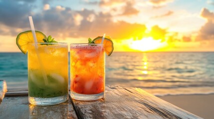 Refreshing tropical cocktails on a summer beach with a serene blue sea at sunset Icy fruit drinks Ideal for summer parties travel and vacation themes Perfect backdrop for promotional materials