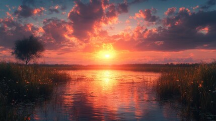 Fototapeta premium Serene sunset over a tranquil river with lush greenery.