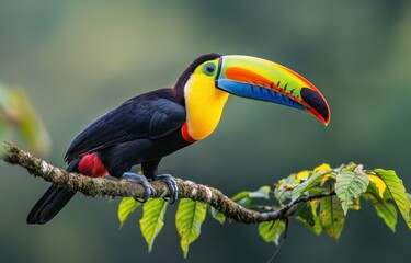 Fototapeta premium Colorful Toucan Perched on a Branch in a Tropical Rainforest