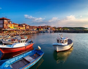 Fototapeta premium Fishing net and moored fishing boats at the port 