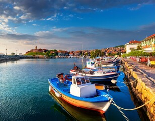 Fototapeta premium Fishing net and moored fishing boats at the port 