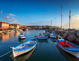 Fototapeta premium Fishing net and moored fishing boats at the port 