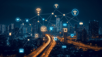 Smart City at Night:  A futuristic cityscape illuminated, showcasing interconnected smart devices and technologies, creating a network of digital innovation.