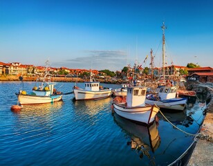 Fishing net and moored fishing boats at the port 