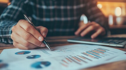 Person analyzing financial charts with pen and laptop in focus