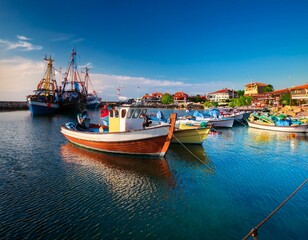 Obraz premium Fishing net and moored fishing boats at the port 