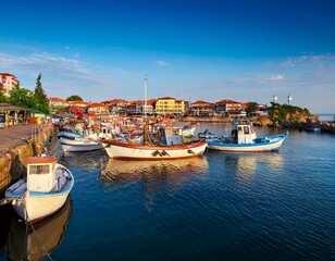 Fishing net and moored fishing boats at the port 