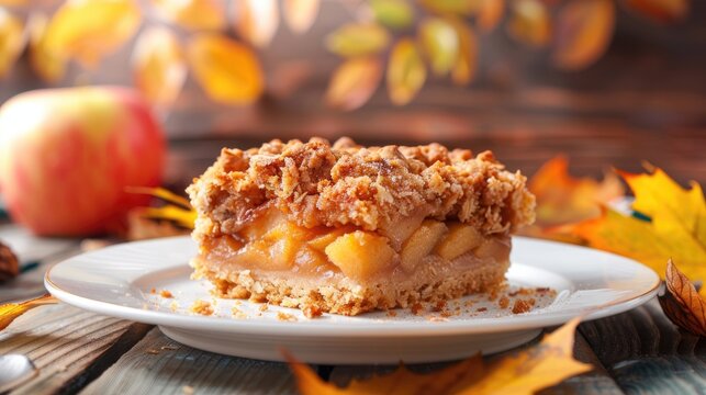 Homemade Apple Cramble Crisp Cake On White Plate With Autumn Leaves On The Background