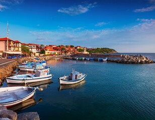 Fototapeta premium Fishing net and moored fishing boats at the port 