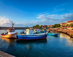 Fishing net and moored fishing boats at the port 