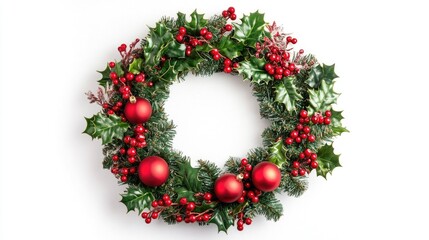 Vibrant holiday wreath adorned with holly and red ornaments on a white background perfect for festive celebrations