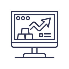 Monitor displaying upward trend graph and gold bars, symbolizing digital trading growth.