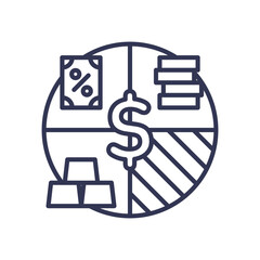 Pie chart with dollar sign, coins, gold bars, and percentage symbol representing financial diversification.