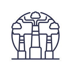 Line art of a tree, mountains, and a sinkhole symbolizing environmental impact.