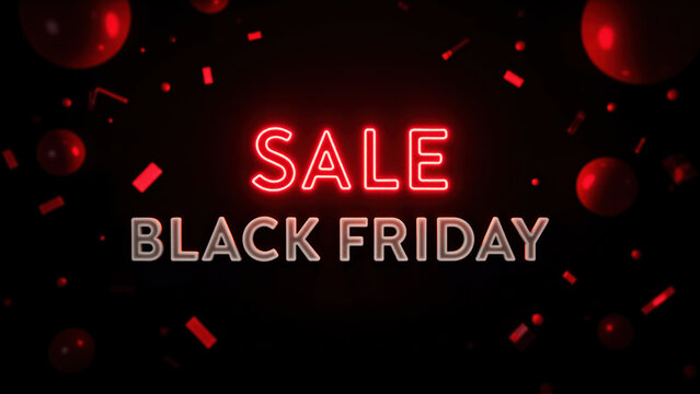 Glowing Black Friday Sale Sign Neon Text with Huge Discounts on a Dark Background