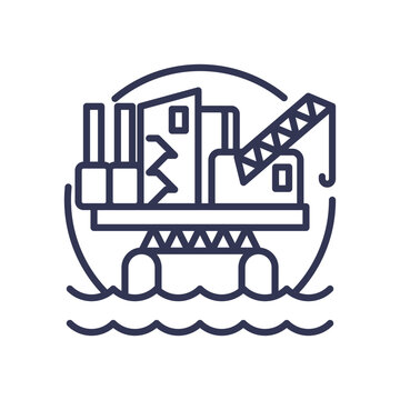 recommend clip art: Line art of an offshore oil rig with crane and ocean waves, symbolizing energy extraction.
