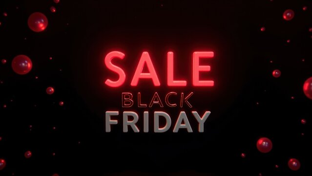 Glowing Black Friday Sale Sign Neon Text with Huge Discounts on a Dark Background