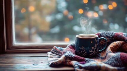 A cozy winter still life features a steaming cup of coffee beside a soft plaid blanket on a vintage windowsill creating a warm and inviting atmosphere
