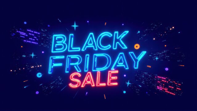Glowing Black Friday Sale Sign Neon Text with Huge Discounts on a Dark Background