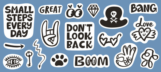 Funny black stickers and phrases set. Ok and rock signs, eyes, pirate hat, great, boom crazy icons. Hand drawn trendy vector illustration