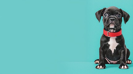 Cute Black Puppy with Red Collar on Blue Background