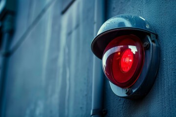 Red warning light mounted on blue industrial building