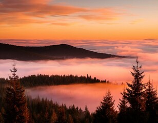 Obraz premium Evening landscape - silhouettes of fir trees on the background of bright sky and mountains