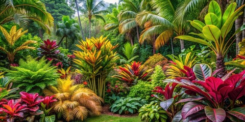 Obraz premium Lush Tropical Tree Garden Wall with Colorful Leaves in Various Sizes and Varieties