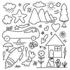 Set of children drawings. Hand drawn set of cute kids doodles. Kids doodle.