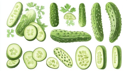 Set of cucumbers isolated on white, different angles and cuts