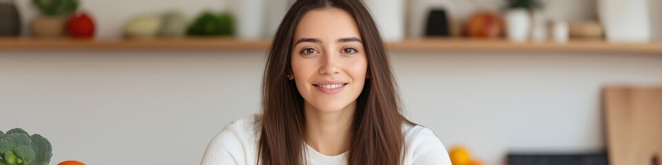 Naklejka premium A woman with curly hair is smiling in front of a table with a variety of fruits and vegetables