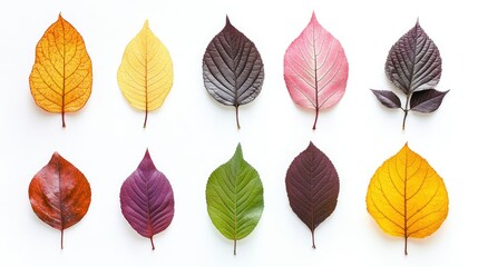 Obraz premium Set of different color leaves and branches isolated on a clean white backdrop.