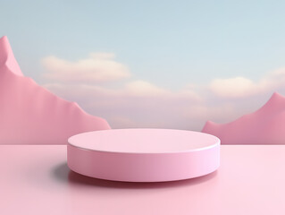 Minimal 3D Landscape Scene with Pink Pedestal and Pastel Podium Display Platform