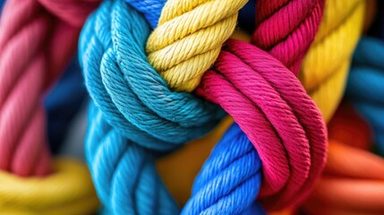Close up of vibrant ropes and straps intricately knotted together representing unity in diversity and the strength derived from mental health support systems