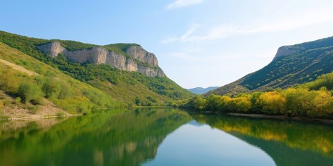 A beautiful mountain range with a lake in the valley. The lake is calm and the sky is clear