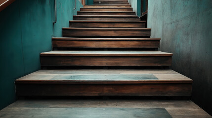 Close-up view of a wooden staircase with teal walls and metal handrails in an interior setting. The image focuses on the texture of the wood and the contrast between the stairs and the walls.