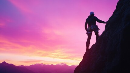 Obraz premium Climber Silhouette Against Vibrant Sunset Sky