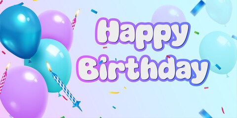 happy birthday celebration banner and greeting card design element. bright and shiny balloons and birthday candles decorative creative and modern abstract background vector illustration.