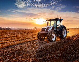 Fototapeta premium Tractor working on the barley field by sunset.