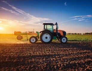 Fototapeta premium Tractor working on the barley field by sunset.