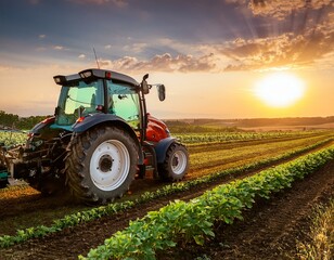 Fototapeta premium Tractor working on the barley field by sunset.
