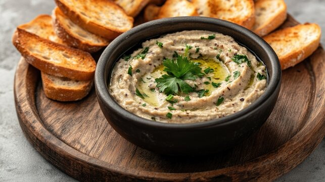 Traditional Arabic dish baba ganoush featuring roasted eggplant tahini cilantro garlic olive oil and lemon juice served with toasted baguette croutons on a wooden board against a grey backdrop