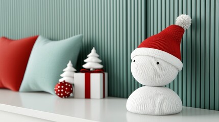 Fototapeta premium Knit Snowman Christmas Decoration with Red and White Gifts and Green Background